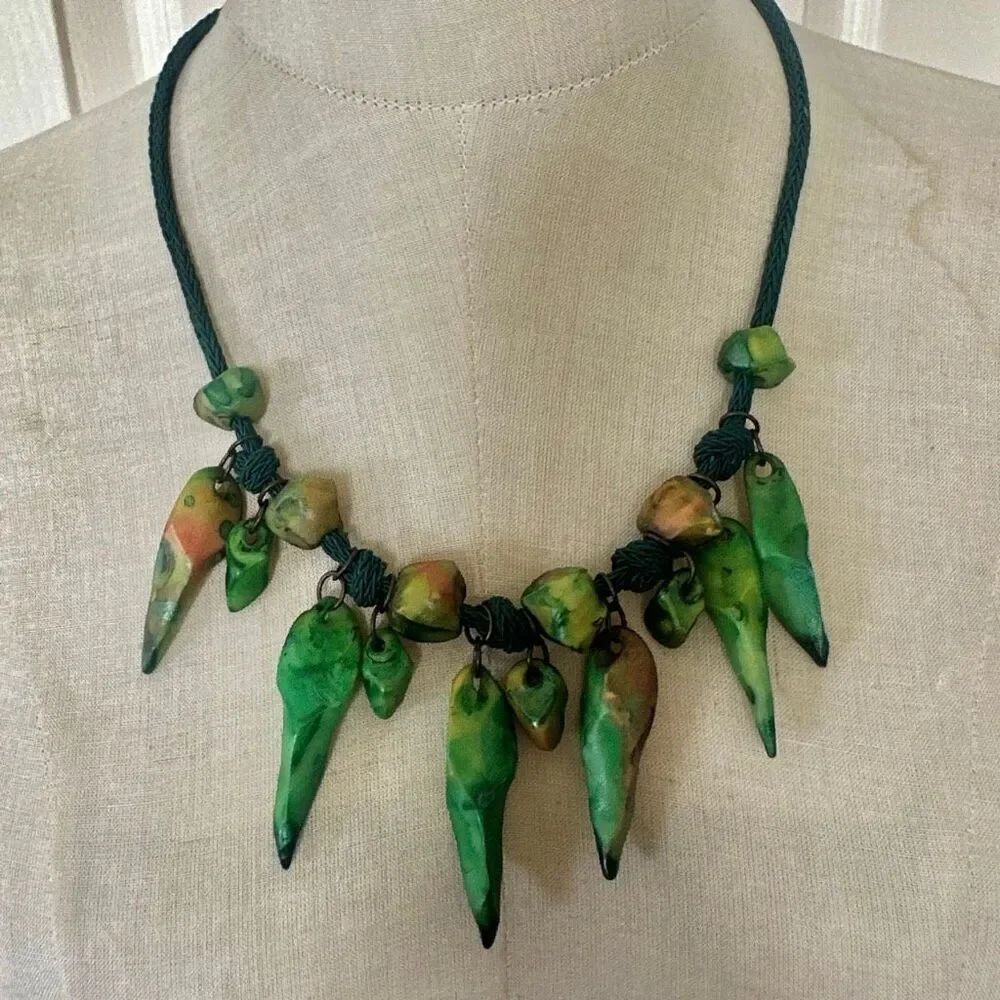 Artisan Green & Ochre Sculptural Statement Necklace